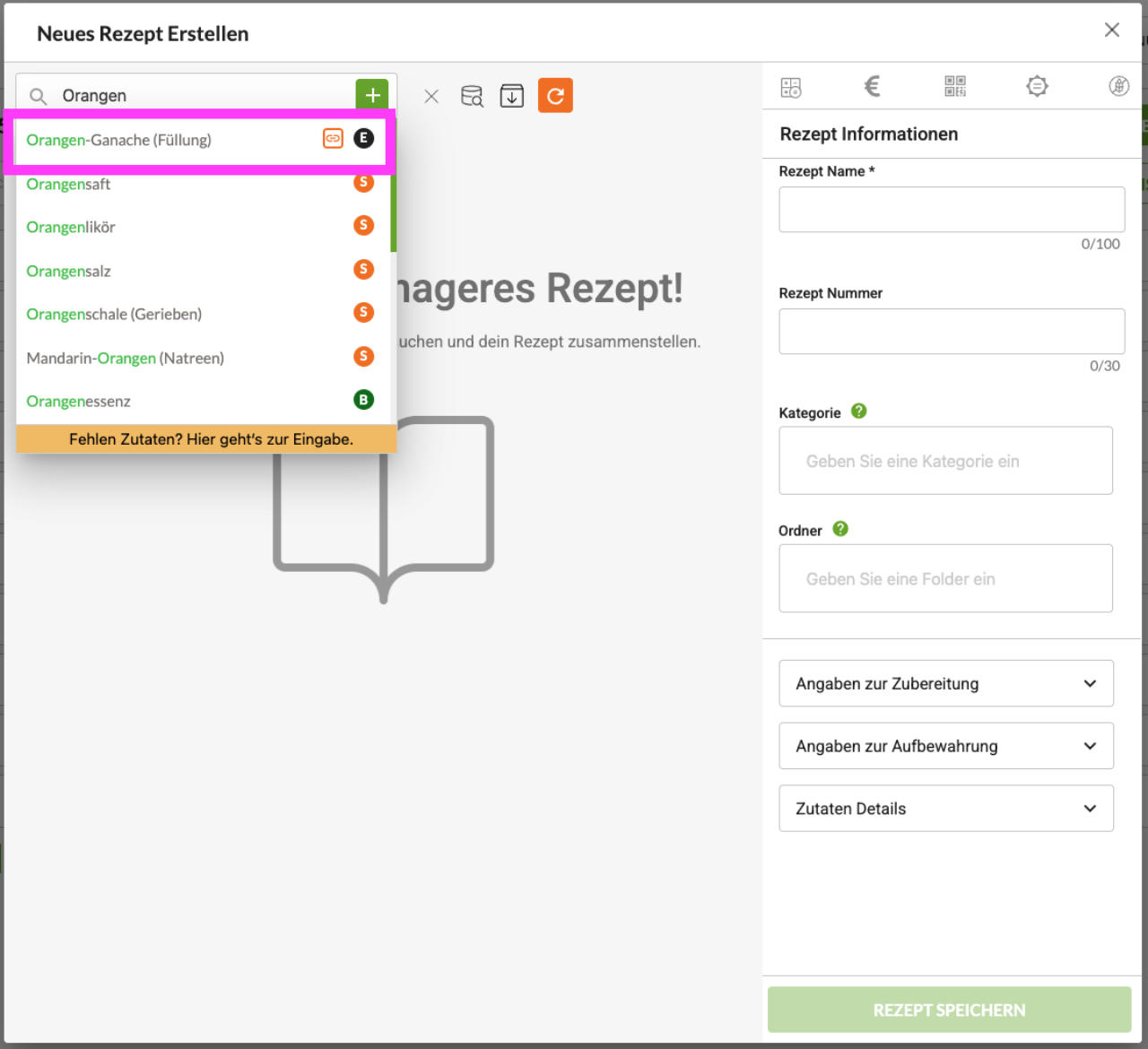 Zutatensuche – eigene Zutat mit Rezept-Verknüpfung