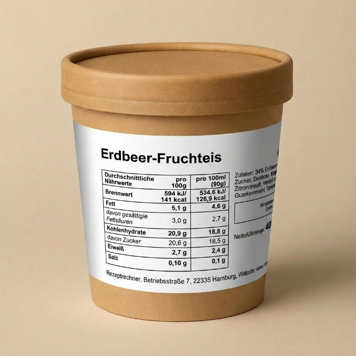 Eisbecher aus Kraftpapier mit fertigem Erdbeereis-Etikett – Nährwerttabelle, Zutatenliste und Nettofüllmenge