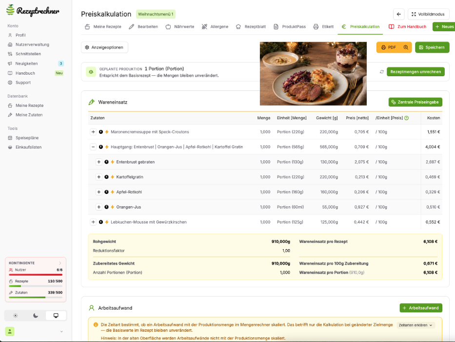 Rezeptrechner Preiskalkulation für das Weihnachtsmenü mit Wareneinsatz je Gang und Komponente