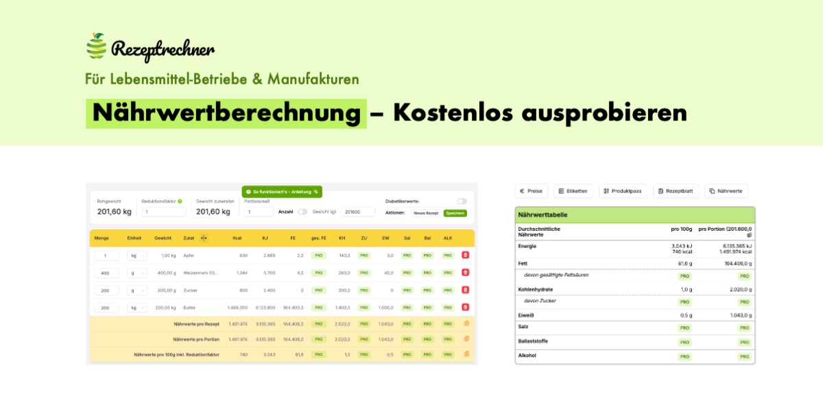 Anleitung Nährwertberechnung kostenlos: Rezept mit Zutaten und Mengen in Rezeptrechner Online und die berechneten Nährwerte