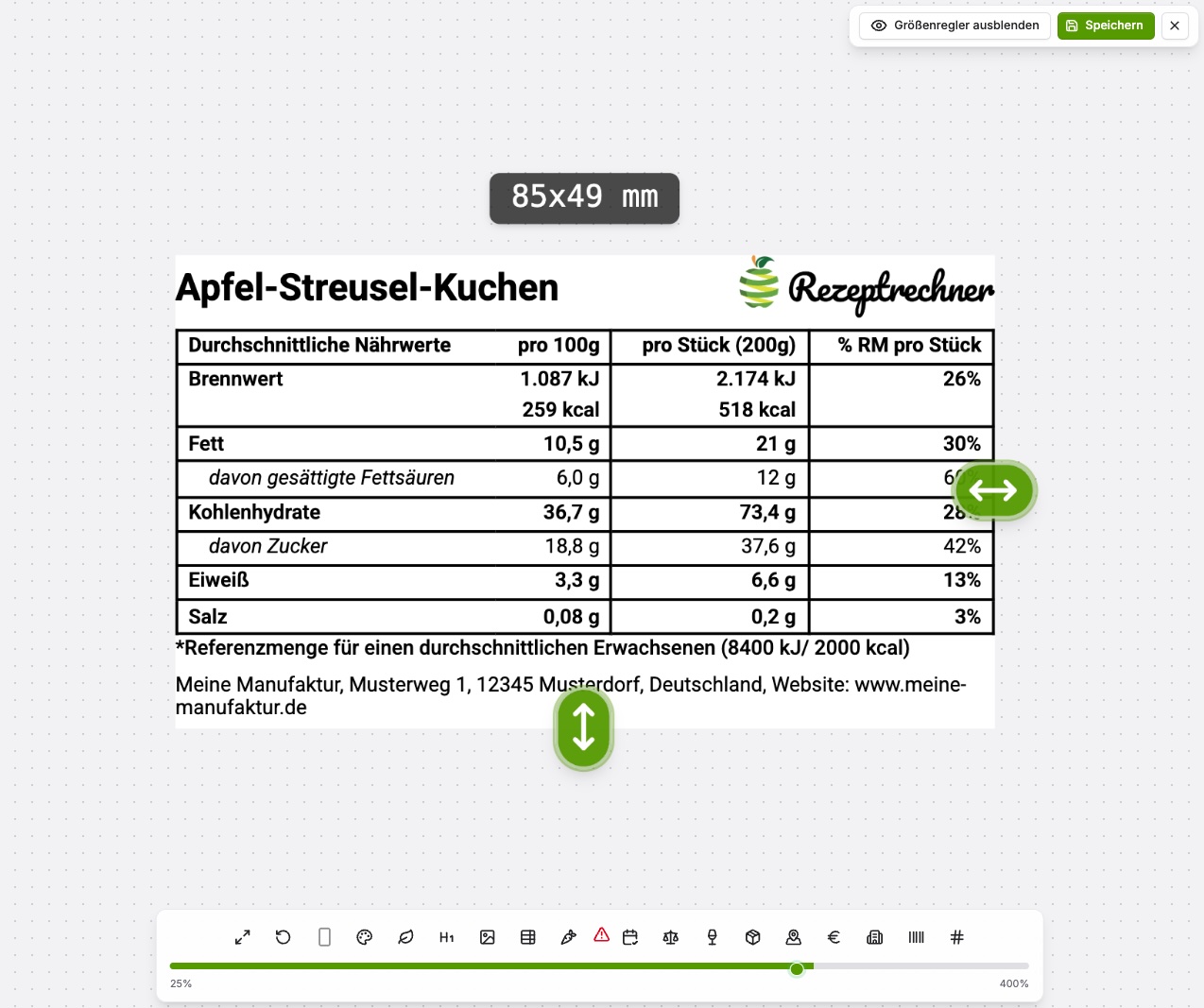 Nährwerttabelle nach LMIV aus dem Etiketten-Generator der Rezeptrechner Software: Pflichtangaben Brennwert, Fett, Kohlenhydrate, Zucker, Eiweiß und Salz pro 100 g und pro Stück für einen Apfel-Streusel-Kuchen