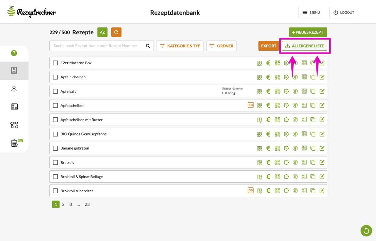Allergene Liste öffnen