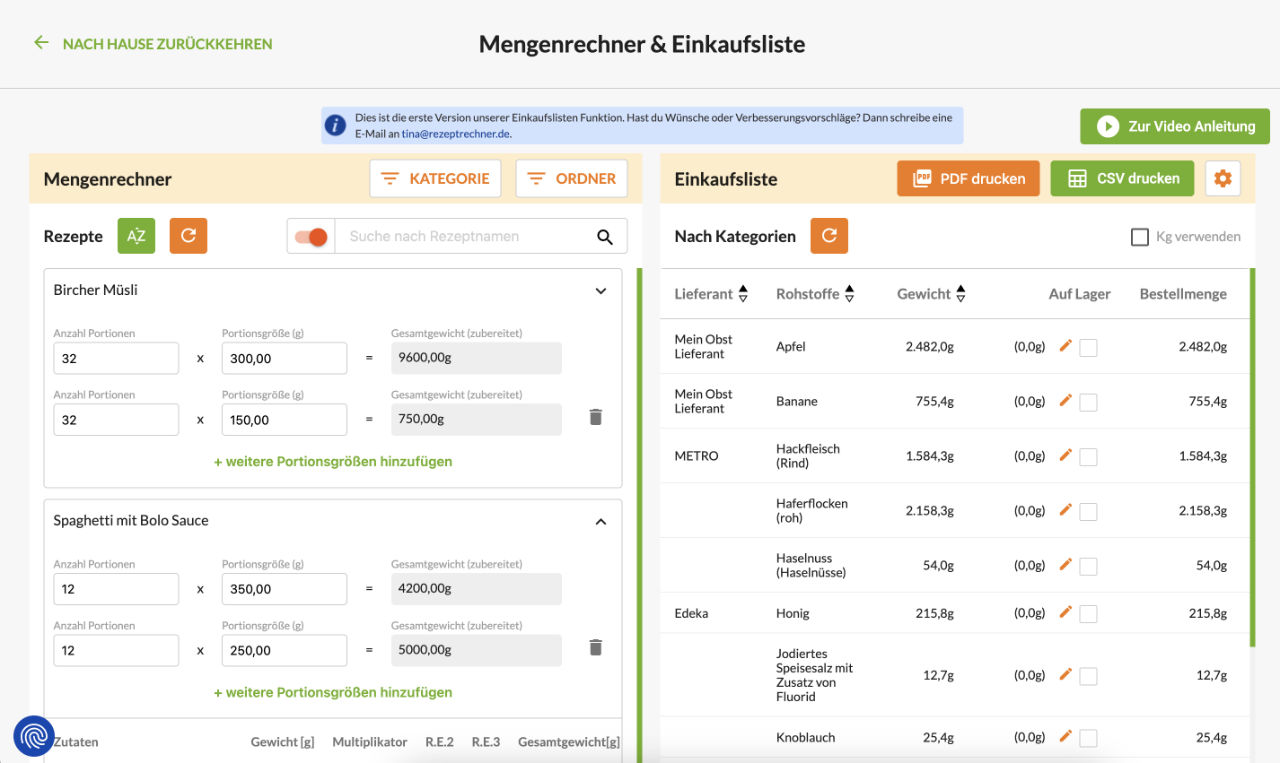 Rezeptrechner PRO Business: Anleitung Einkaufsliste erstellen