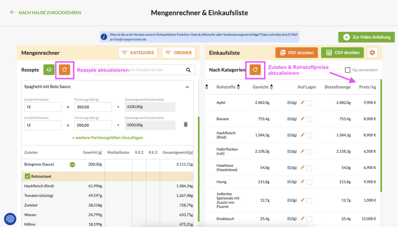 Rohstoffpreise aktualisieren in der Einkaufslisten-Funktion
