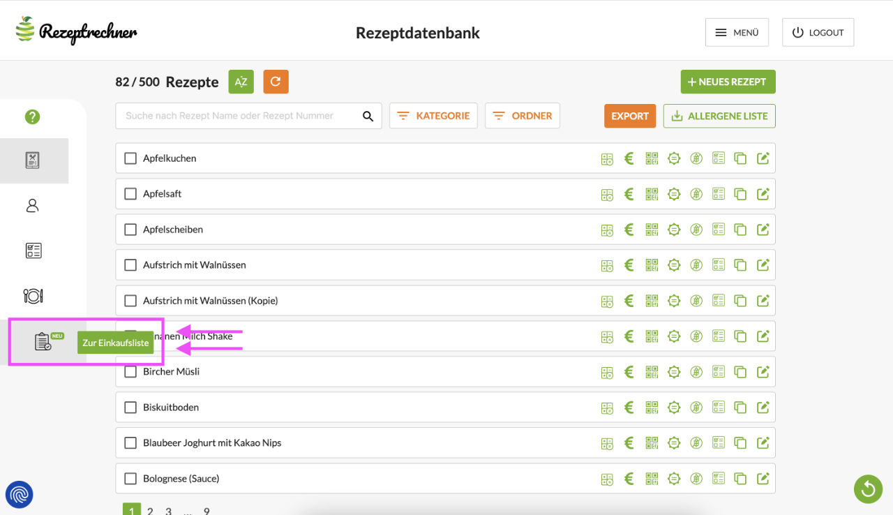 Einkaufsliste Menü