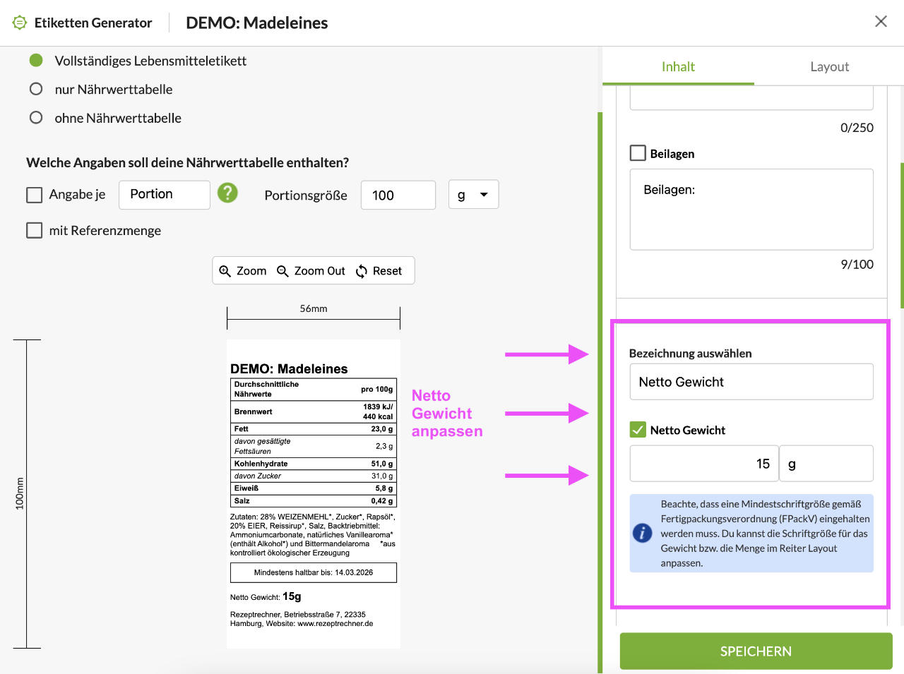 Nettogewicht anpassen
