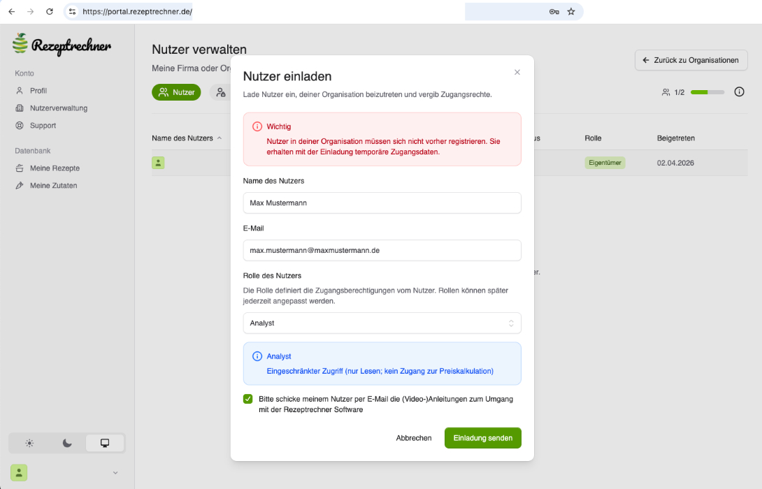 Rezeptrechner PRO Business: Anleitung Nutzerverwaltung