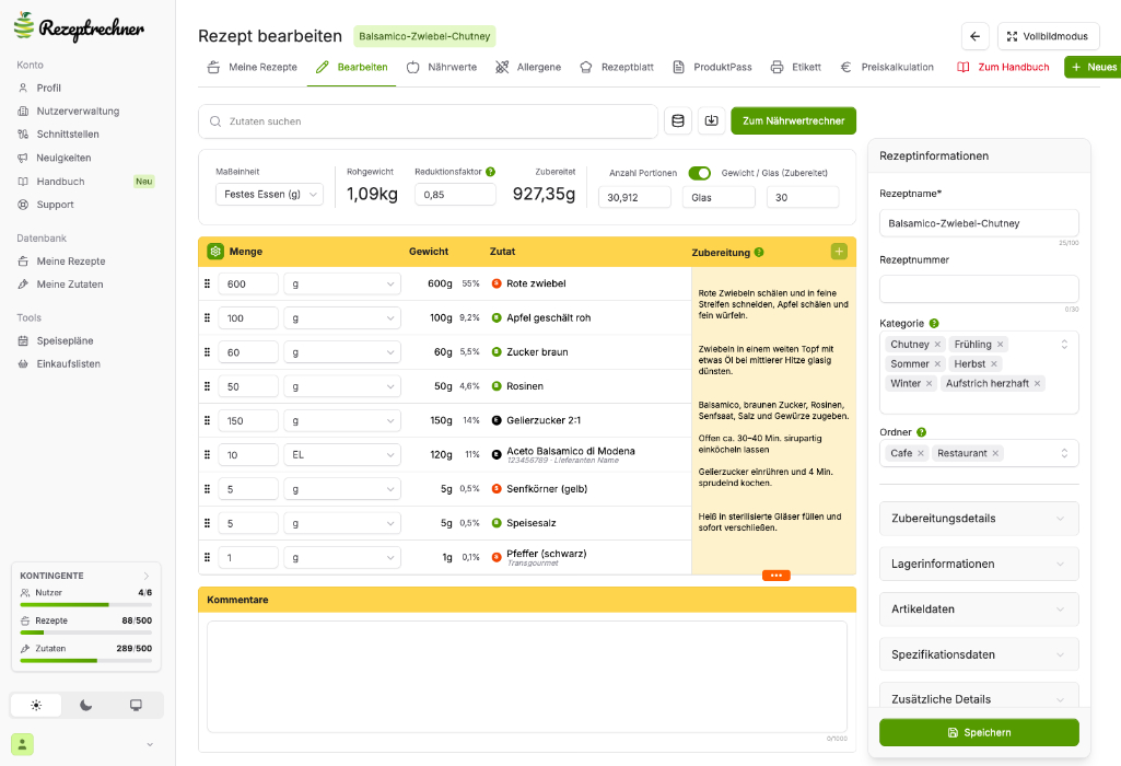 Rezept im Rezeptrechner anlegen – Zutaten, Mengen und Zubereitungsschritte