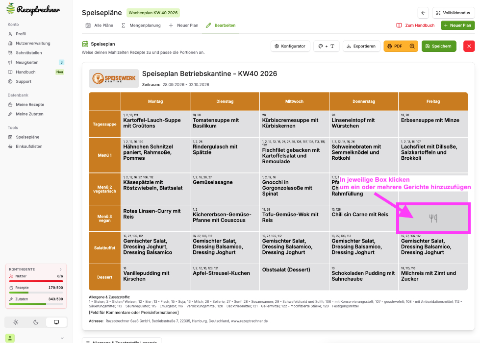 Tagesansicht erstellen Schritt 1: Wochenplan Kalenderwoche 40 im Speiseplaner der Rezeptrechner Software, in eine Box klicken und Gerichte hinzufügen