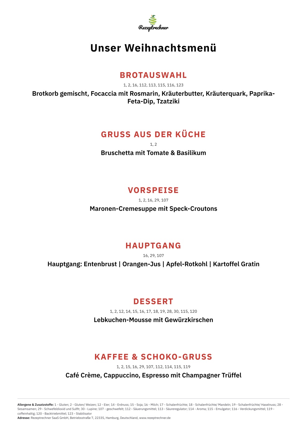 Menükarte Unser Weihnachtsmenü als Tagesansicht aus der Rezeptrechner Software: sechs Gänge mit Allergen-Nummern und Legende, A4 Hochformat