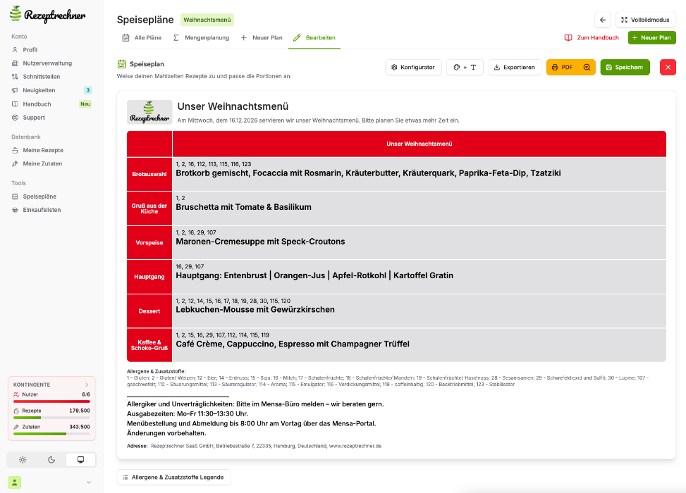 Tipp: Speiseplan mit einer Spalte Unser Weihnachtsmenü und sechs Gängen als Zeilen, Allergen-Nummern je Gang, in der Rezeptrechner Software