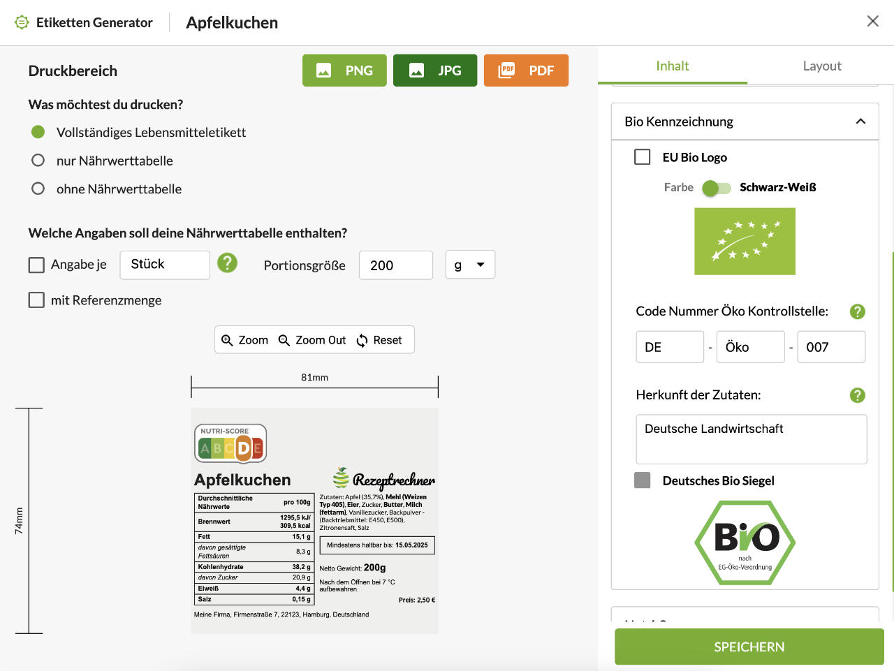 Screenshot des Etiketten Generators für Bäckereien und Konditoreien