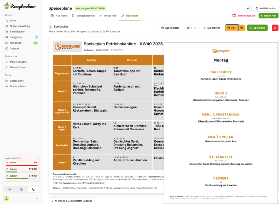 Speiseplan mit Allergenen und Tageskarte für die Kantine erstellen mit der Rezeptrechner Software