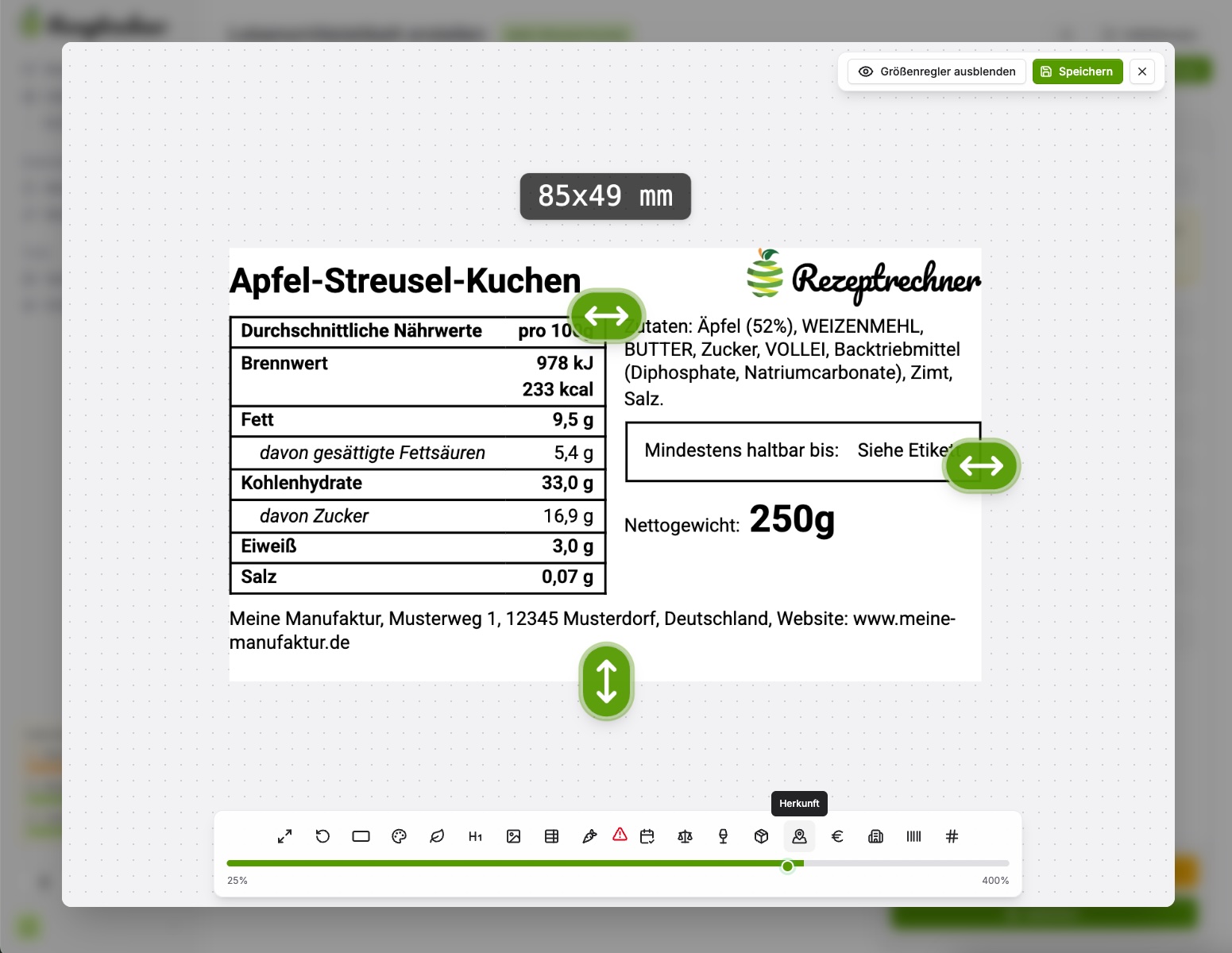 Allergenkennzeichnung auf dem Etikett: Etikett mit Zutatenliste, hervorgehobenen Allergenen, Zusatzstoffen und Nährwerttabelle im Etiketten-Generator der Rezeptrechner Software