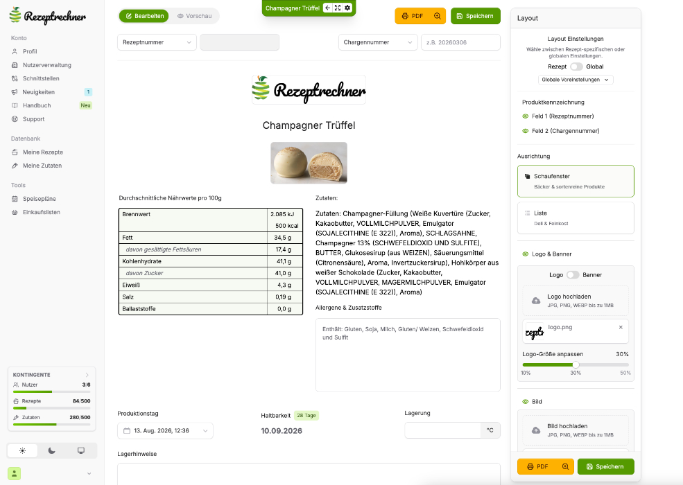 Produktspezifikation und Etiketten für Bäckereien und Konditoren