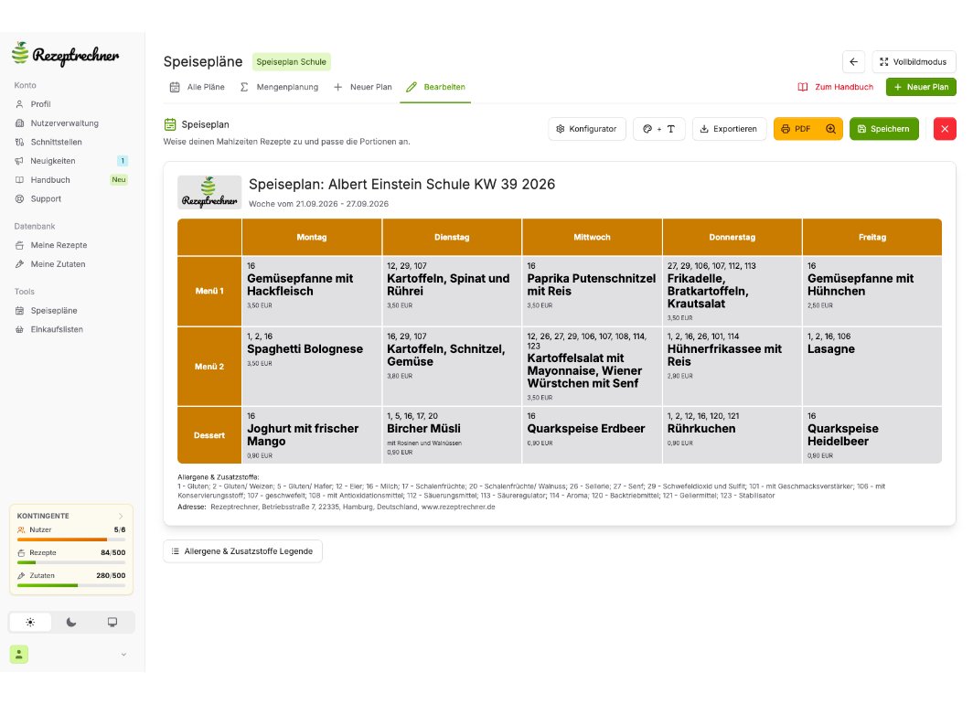 Speiseplan erstellen mit der Rezeptrechner Software