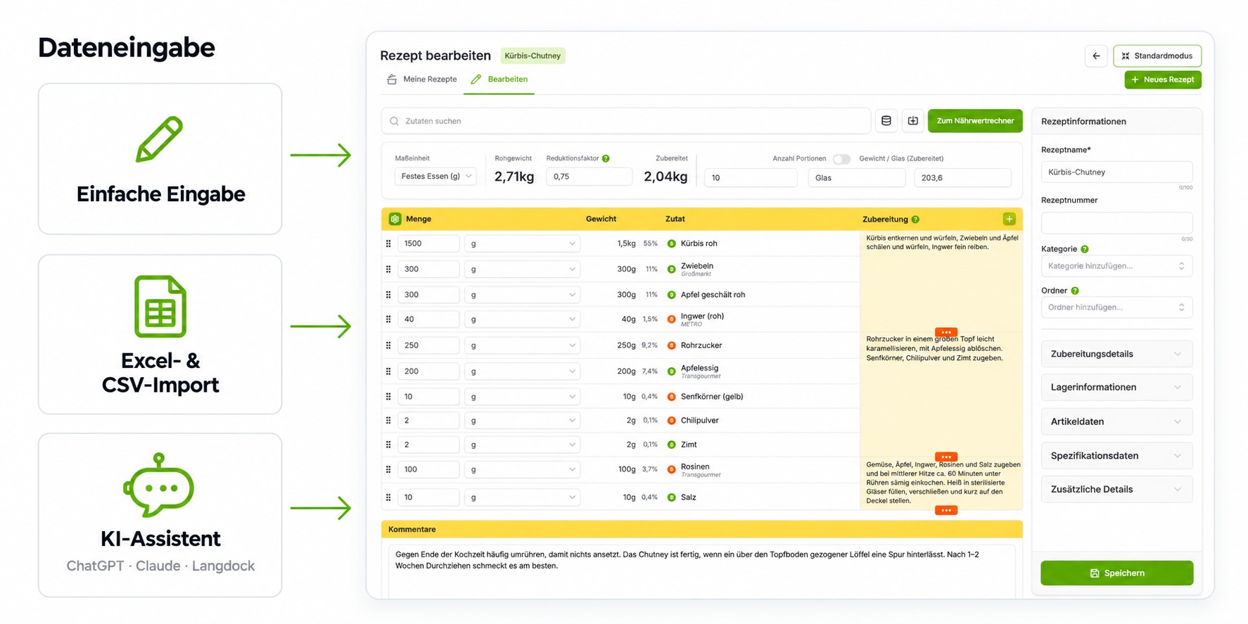 Rezepturverwaltung Software Dateneingabe: Rezept Kürbis-Chutney per einfacher Eingabe, Excel- und CSV-Import oder KI-Assistent (ChatGPT, Claude, Langdock) anlegen