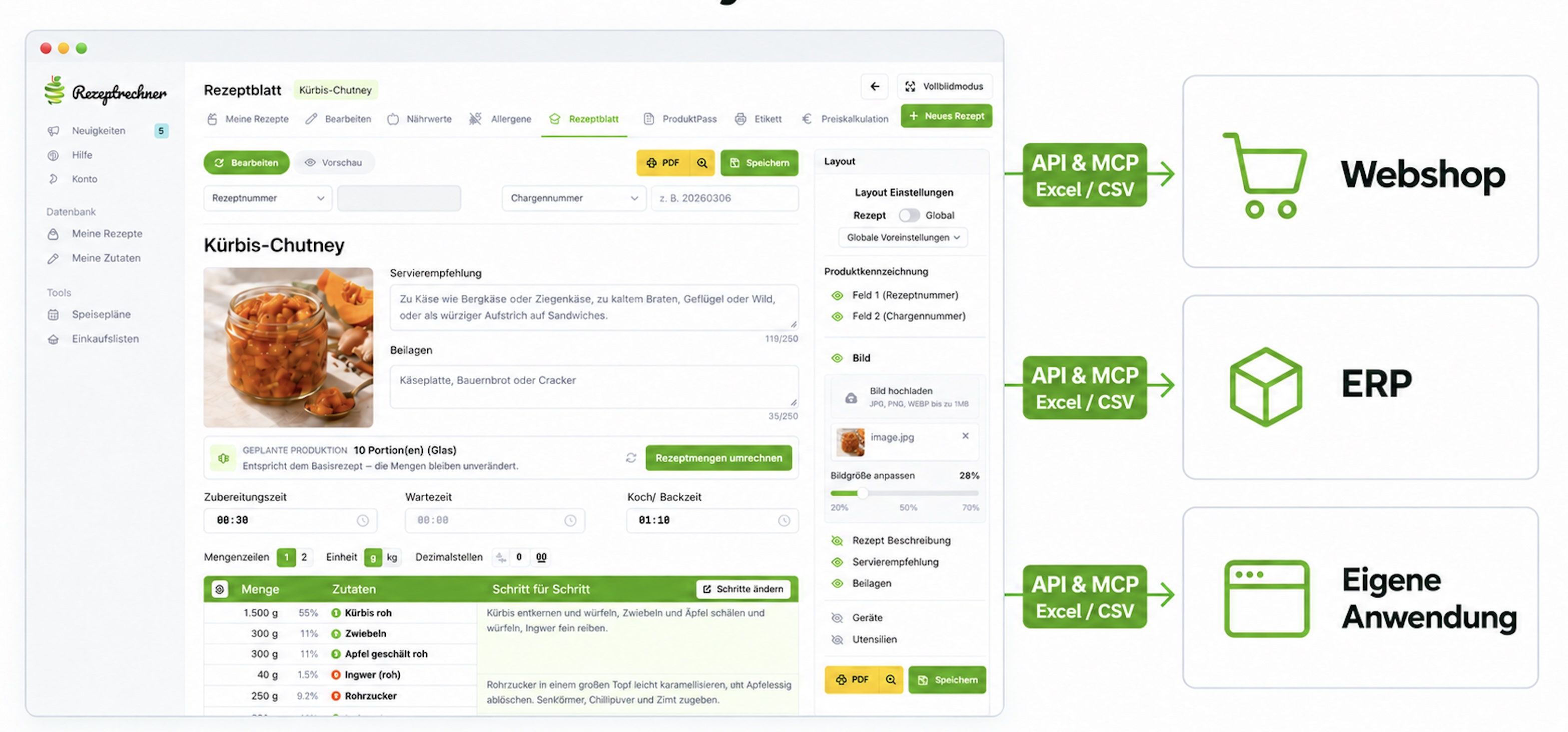 Rezepturverwaltung Software mit Schnittstellen: Rezeptblatt Kürbis-Chutney in der Rezeptrechner Software, Daten per API und MCP oder Excel/CSV an Webshop, ERP oder eigene Anwendung weitergeben