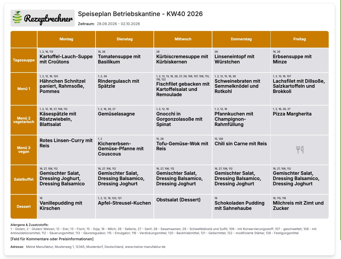 Speiseplan Software für die Kantine: Wochenspeiseplan einer Betriebskantine mit Tagessuppe, drei Menülinien, Salatbuffet und Dessert, Allergene und Zusatzstoffe am Gericht