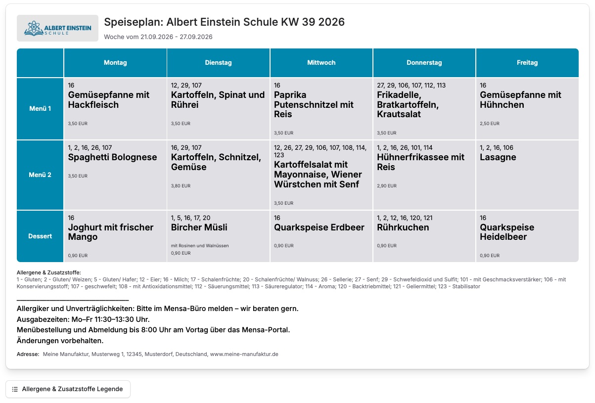 Speiseplan Software für die Schule: Wochenspeiseplan mit Menü 1, Menü 2 und Dessert, Preisen und Allergenen am Gericht