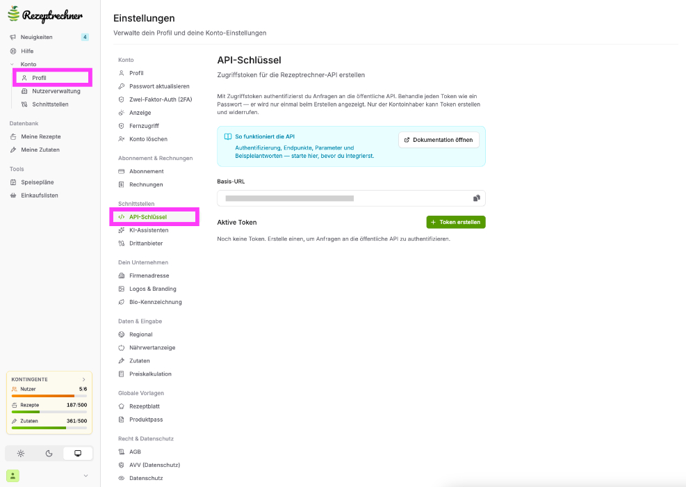Einstellungsseite API-Schlüssel im Rezeptrechner Portal mit Basis-URL der API und Button Token erstellen