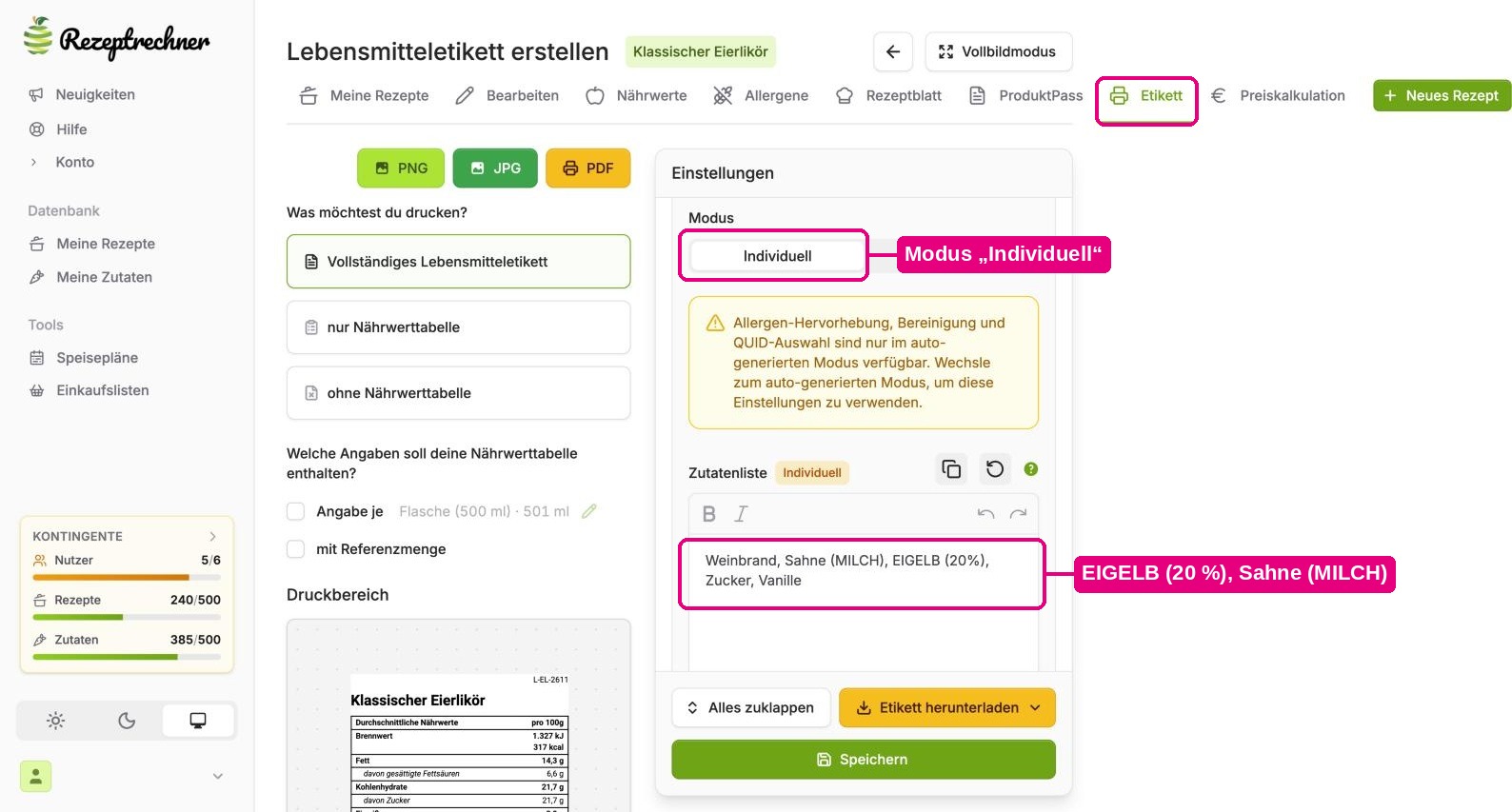 Eierlikör Etikett: Zutatenliste im Modus Individuell mit Weinbrand, Sahne (MILCH), EIGELB (20 %), Zucker und Vanille im Etiketten-Generator der Rezeptrechner Software