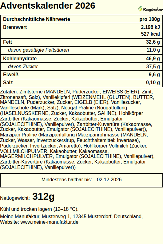 Beispiel für Etiketten für Lebensmittel, Adventskalender-Etikett erstellen: fertiges LMIV Etikett aus der Rezeptrechner Software