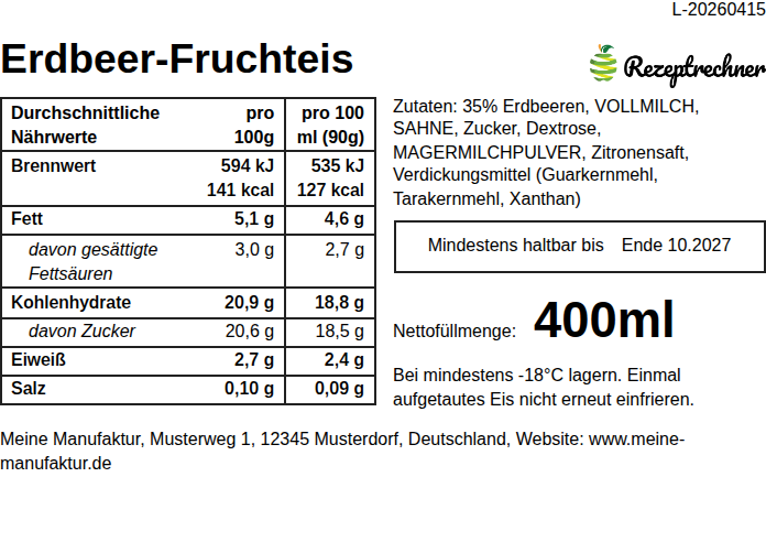 Beispiel für Etiketten für Lebensmittel, Eis-Etiketten erstellen: fertiges LMIV Etikett aus der Rezeptrechner Software