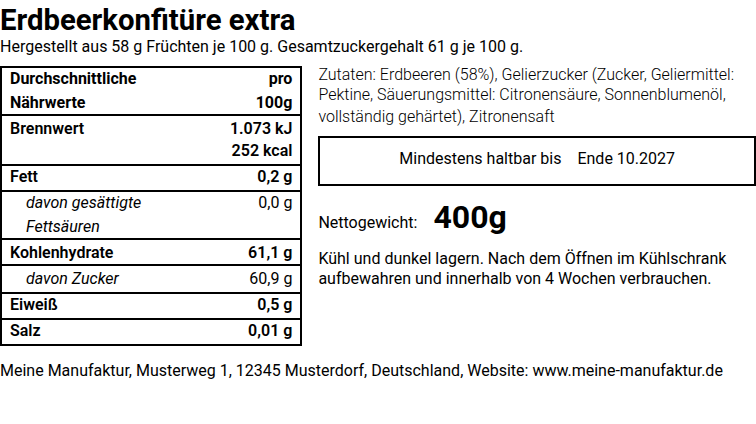 Beispiel für Etiketten für Lebensmittel, Marmeladenetiketten erstellen: fertiges LMIV Etikett aus der Rezeptrechner Software