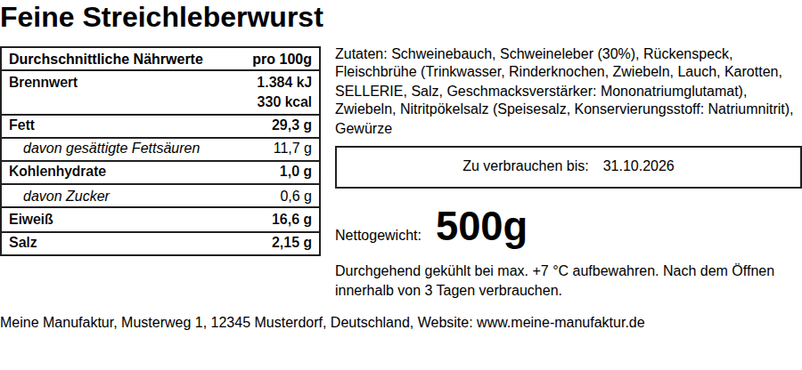 Beispiel für Etiketten für Lebensmittel, Wurst Etikett erstellen: fertiges LMIV Etikett aus der Rezeptrechner Software