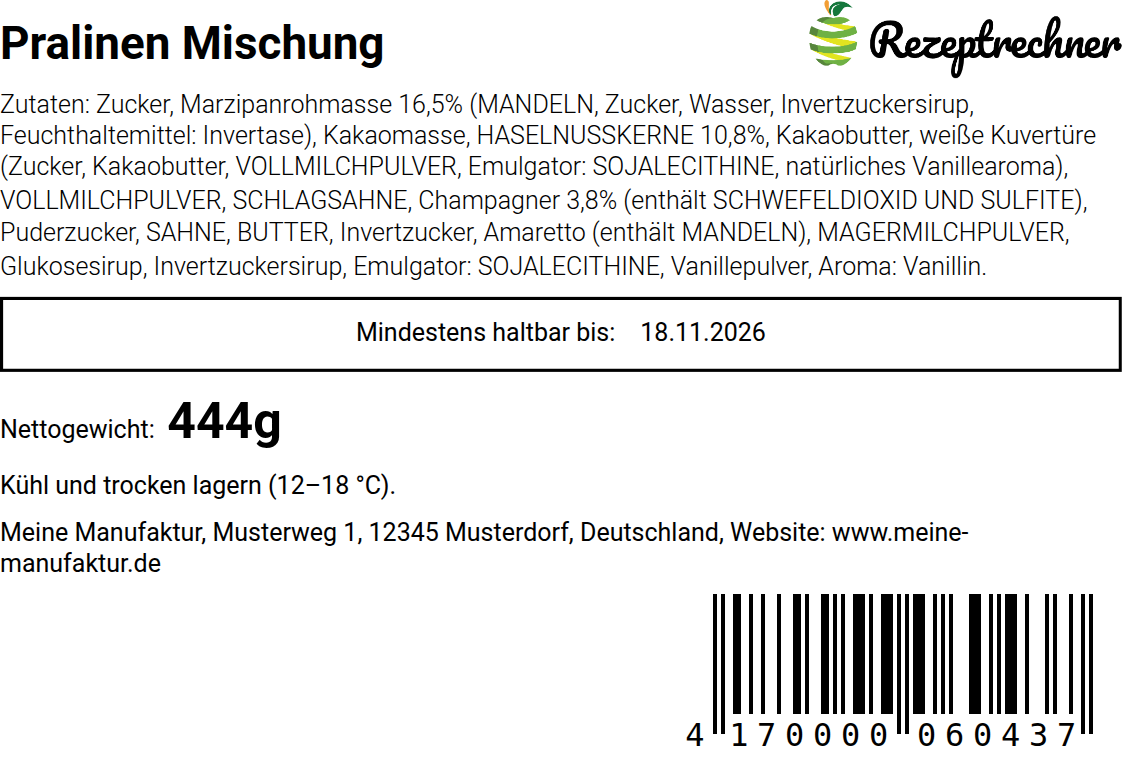 Beispiel für Etiketten für Lebensmittel, Pralinen Etikett erstellen: fertiges LMIV Etikett aus der Rezeptrechner Software