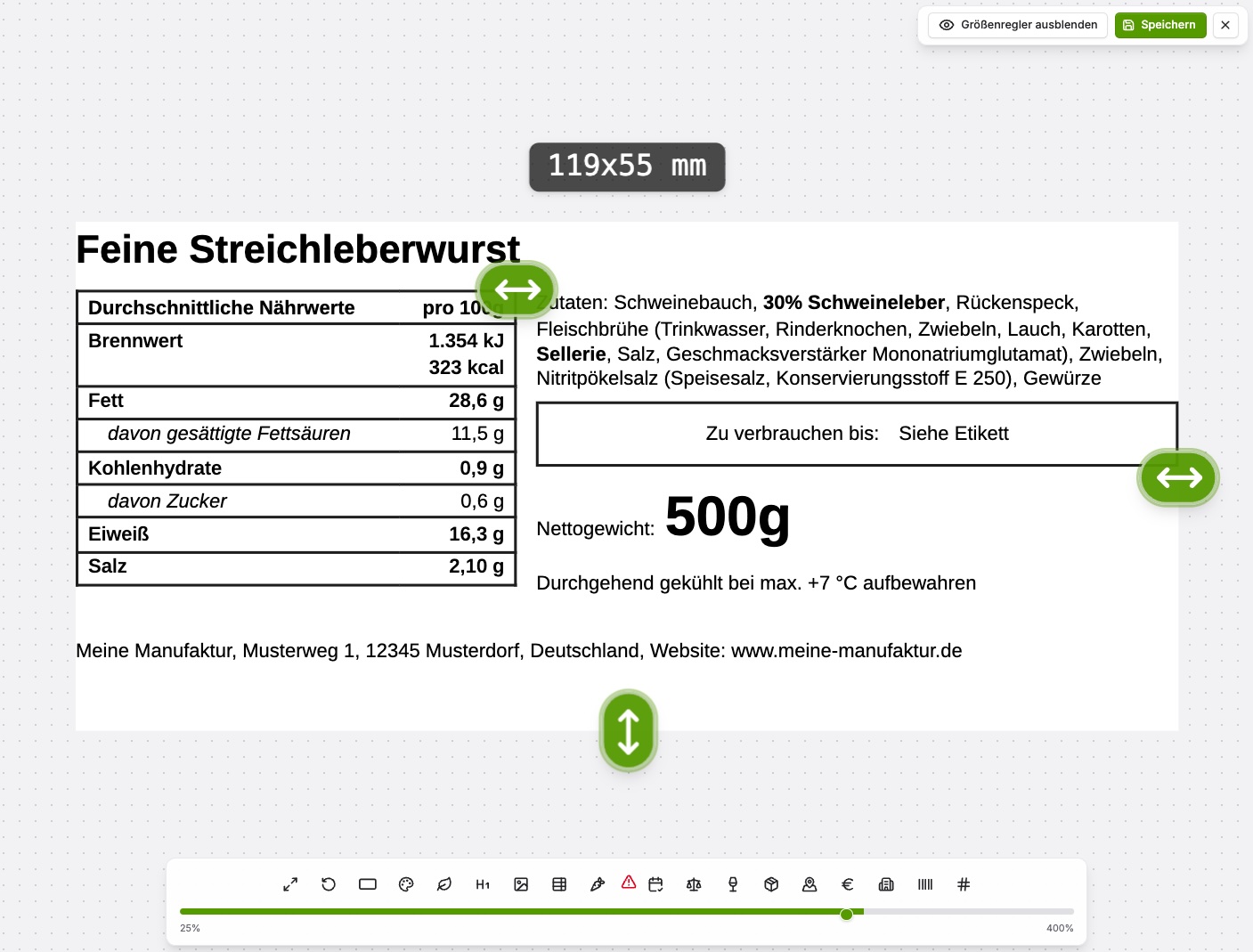 Wurst Etikett einer feinen Streichleberwurst im Etiketten-Generator der Rezeptrechner Software: Nährwerttabelle pro 100 g, Zutatenliste mit 30 % Schweineleber und hervorgehobenem Sellerie, Verbrauchsdatum, Nettogewicht 500 g und Aufbewahrungshinweis