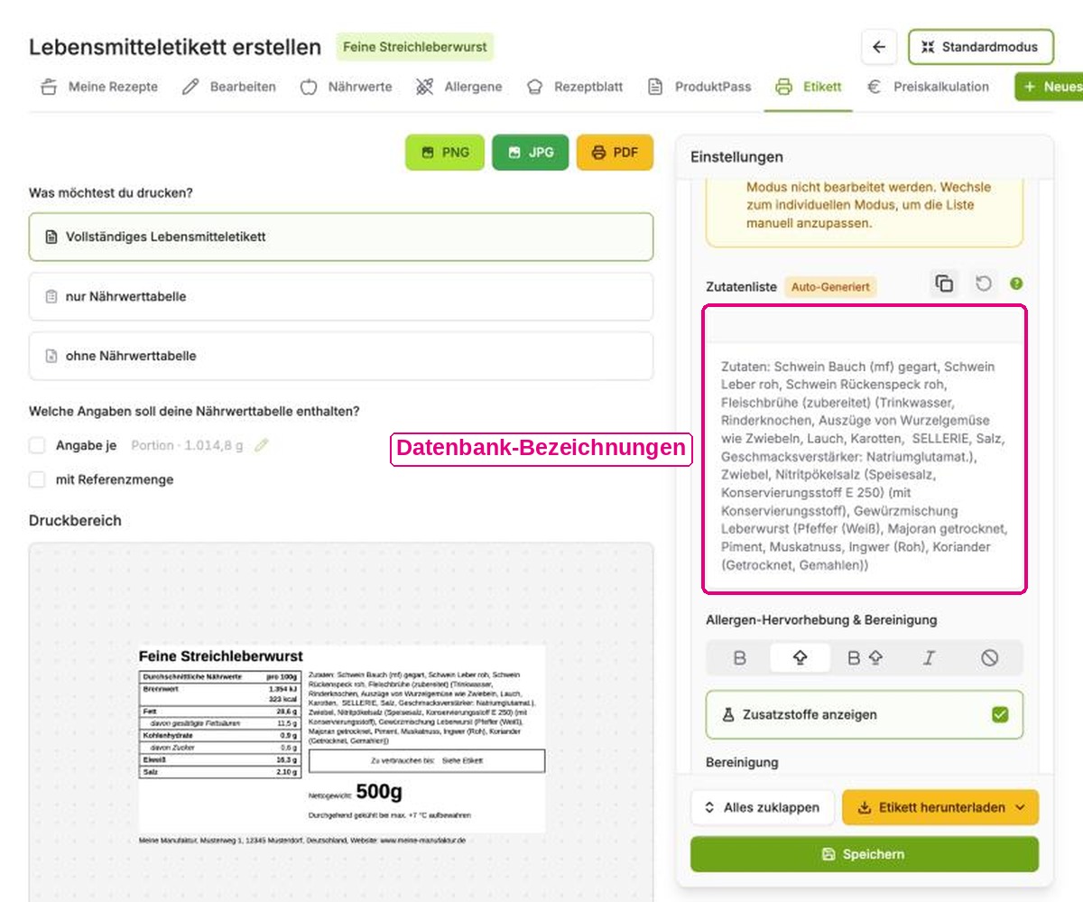 Auto-generierte Zutatenliste im Etiketten-Generator mit den Datenbank-Bezeichnungen der Fleisch-Zuschnitte
