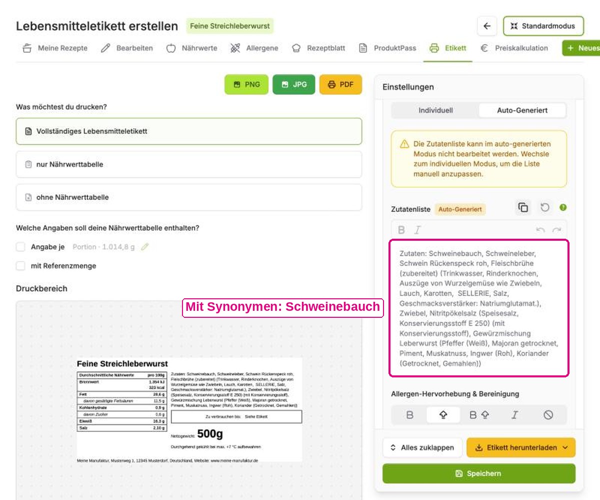Zutatenliste im Etiketten-Generator mit Synonymen: Schweinebauch statt der Datenbank-Bezeichnung