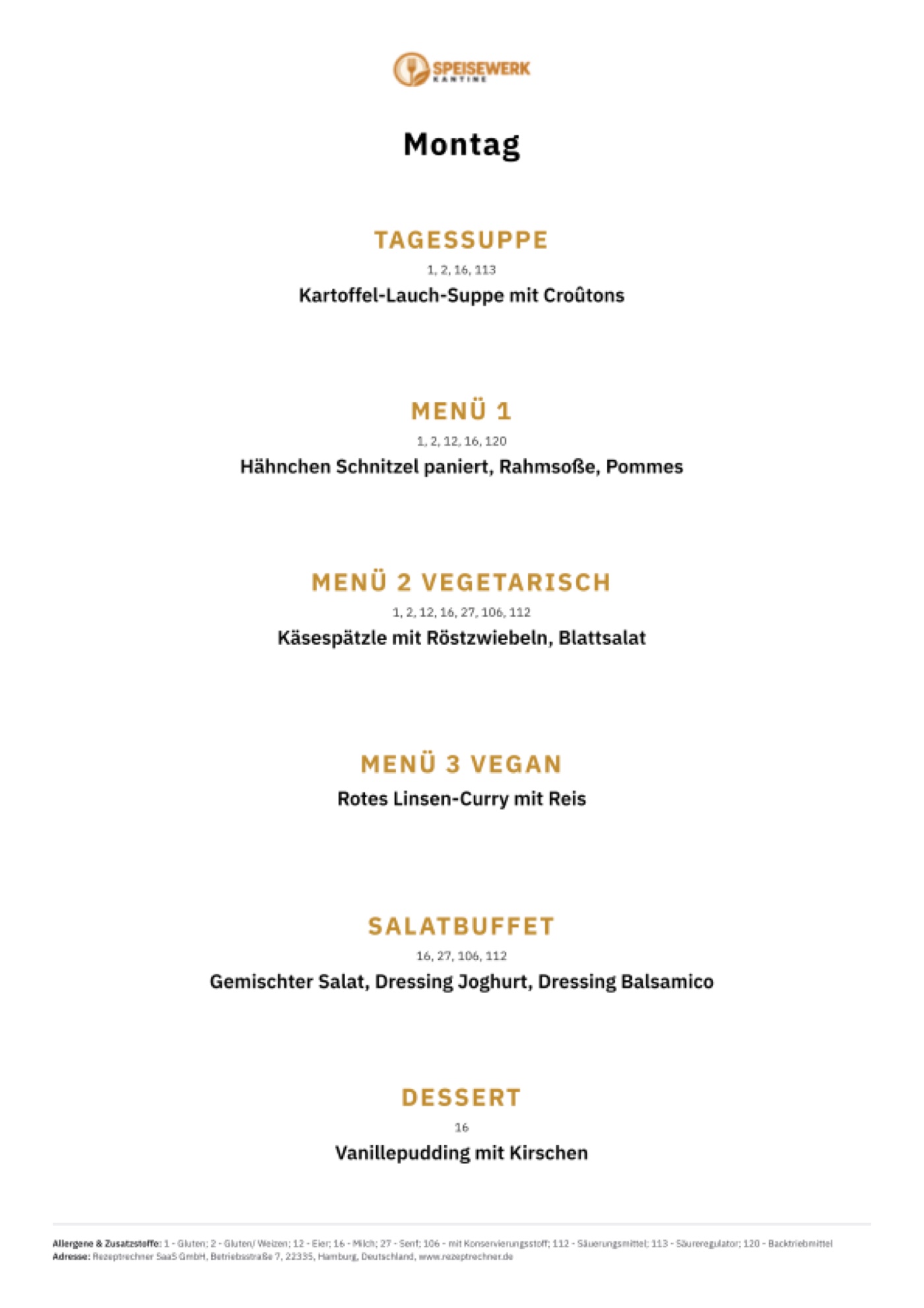 Speisekarte mit Allergenen für die Kantine: Tageskarte einer Betriebskantine aus der Rezeptrechner Software, sechs Linien von Tagessuppe bis Dessert mit Allergen-Nummern und Legende