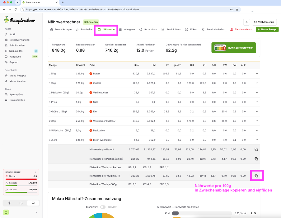 Alternative zur Nährwerttabelle als Bild: Nährwerte pro 100 g im Nährwertrechner der Rezeptrechner Software in die Zwischenablage kopieren