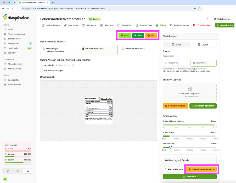 Nährwerttabelle erstellen Schritt 5: Nährwerttabelle als PNG, JPG oder PDF herunterladen im Etiketten-Generator der Rezeptrechner Software