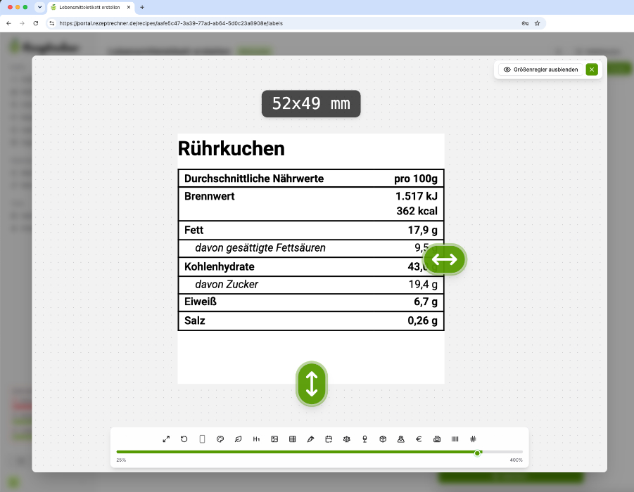 Nährwerttabelle erstellen mit der Rezeptrechner Software: fertige Nährwerttabelle für einen Rührkuchen mit Brennwert, Fett, Kohlenhydraten, Eiweiß und Salz pro 100 g im Etiketten-Generator, Größe 52 mal 49 Millimeter